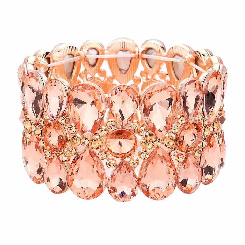 Peach Pear Crystal Floral Rhinestone Stretch Evening Bracelet, this Crystal Stretch Bracelet sparkles all around with it's surrounding round stones, stylish stretch bracelet that is easy to put on, take off and comfortable to wear. It looks modern and is just the right touch to set off LBD. Jewelry offers a wide variety of exquisite jewelry for your Party, Prom, Pageant, Wedding, Sweet Sixteen, and other Special Occasions!