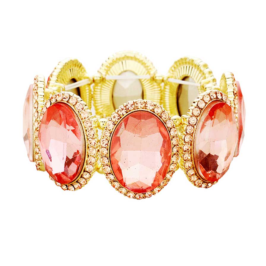 Peach Rhinestone Trim Oval Crystal Stretch Evening Bracelet, brings a gorgeous glow to your outfit to show off royalty on any special occasion. It's a perfect beauty that highlights your appearance and grasps everyone's eye on any special occasion. Is a glowing and sparkling beauty that is perfect to show off your glowing look and enrich your beauty to a greater extent.