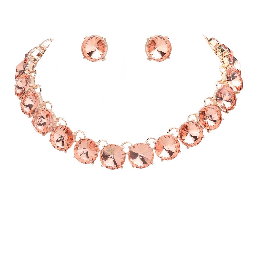 Peach Round Stone Link Evening Necklace, This gorgeous necklace jewelry set will show your class on any special occasion. The elegance of these stones goes unmatched, great for wearing at a party! Stunning jewelry set will sparkle all night long making you shine like a diamond on special occasions. Perfect jewelry to enhance your look and for wearing at parties, weddings, date nights, or any special event.