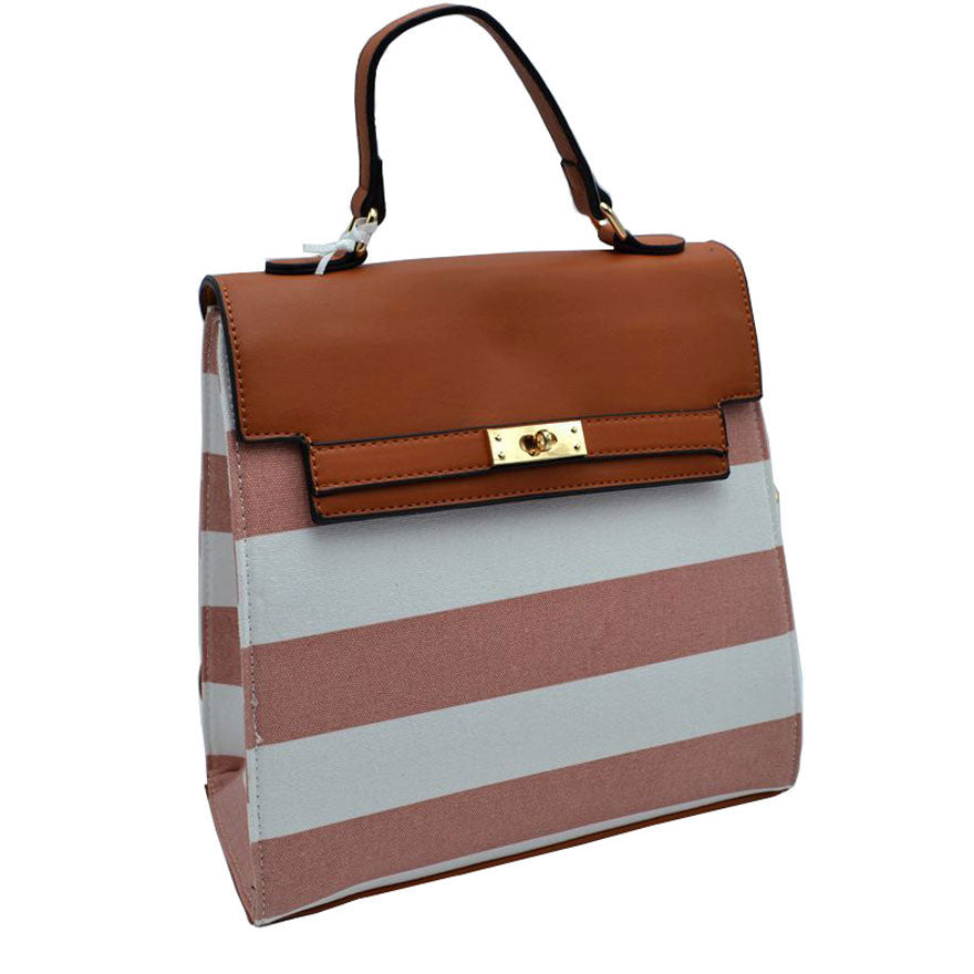 Peach Striped Print Flap Top Magnetic Lock Womens Fabric Backpack. Show your trendy side with this awesome Fabric Backpack. Have fun and look stylish. There are adjustable belt make it convenient to carry. Zipper closure adds security and beauty. Hands are free and the city can be enjoyed fearlessly, and without compromise. Versatile enough for carrying straight through the week, perfectly lightweight to carry around all day. Perfect Birthday Gift, Anniversary Gift, Mother's Day Gift.