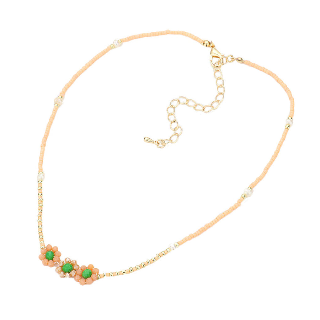 Peach Triple Flower Accented Freshwater Pearl Station Necklace, Get ready with these Pearl Necklace, put on a pop of color to complete your ensemble. Perfect for adding just the right amount of shimmer & shine and a touch of class to special events. Perfect Birthday Gift, Anniversary Gift, Valentine's Day Gift.