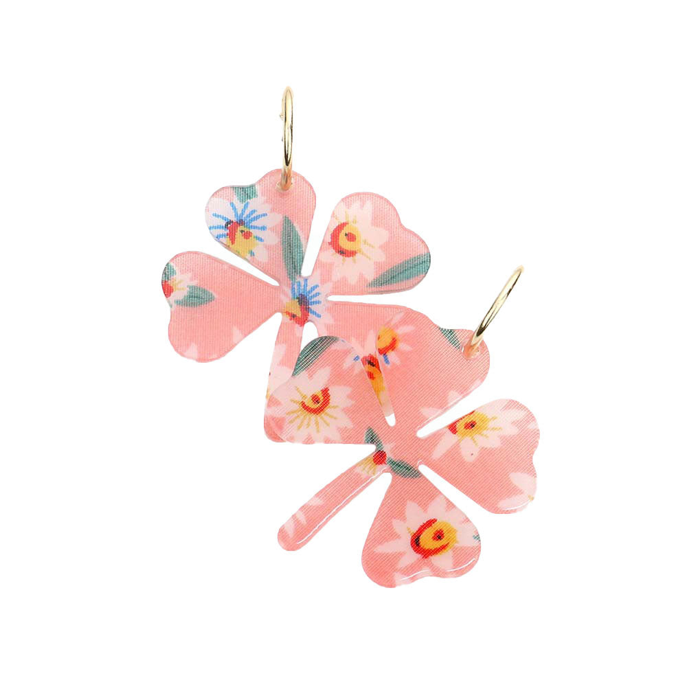 Pink Flower Patterned Resin Clover Dangle Earrings. Look like the ultimate fashionista with these Earrings! Add something special to your outfit! It will be your new favorite accessory. Perfect Birthday Gift, Mother's Day Gift, Anniversary Gift, Graduation Gift, Prom Jewelry, Just Because Gift, Thank you Gift.