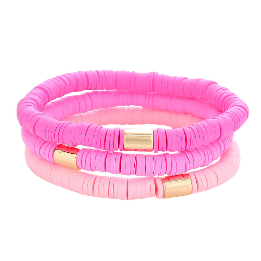 Pink 3PCS Metal Cylinder Heishi Beaded Stretch Bracelets, Add this 3-piece beaded Stretch bracelet to light up any outfit and feel absolutely flawless. Fabulous fashion and sleek style add a pop of pretty color to your attire. Perfect gifts for weddings, Prom, birthdays, anniversaries, Valentine’s Day, or any occasion.
