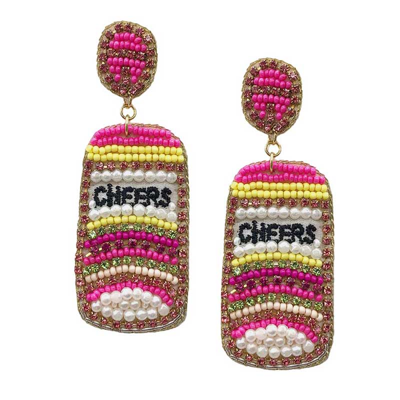 Pink CHEERS Felt Back Pearl Stone Seed Beaded Beer Dangle Earring, Seed Beaded Dangle earrings fun handcrafted jewelry that fits your lifestyle, adding a pop of pretty color. Enhance your attire with these vibrant artisanal earrings to show off your fun trendsetting style. Suitable for Bachelorette Party, Statement Earrings, fun night Out, Birthday Party or any events.