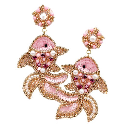 Pink Felt Back Multicolor Beaded Fish Statement Sea Creature Dangle Earrings, jewelry that fits your lifestyle, adding pop of color. Enhance your attire with the vibrant handcrafted beautiful modish statement jewelry! Perfect Birthday Gift, Anniversary, Christmas Present, Vacation Attire, Just Because Gift, Funky Jewelry