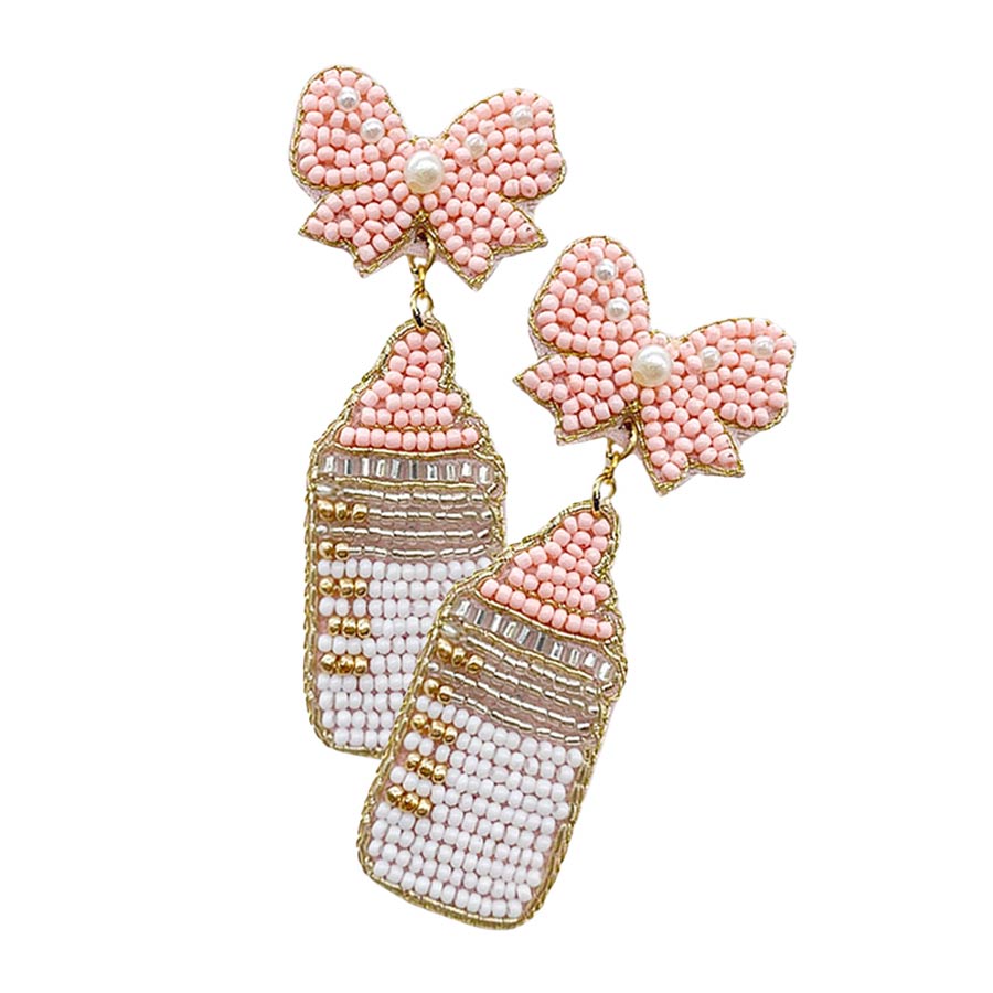 Pink Felt Back Pearl Beaded Bow Baby Bottle Dangle Earrings, felt back pearl bead champagne bottle earrings, these fashionable bow baby bottle earrings are suitable for every girl! pearl-beaded jewelry that fits your lifestyle, bottle earrings add extra special to your outfit! Beautifully crafted earrings that dangle on your earlobes with a perfect glow to make you stand out and show your unique and beautiful look everywhere, every time.
