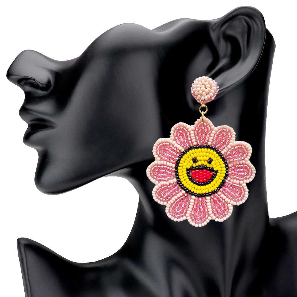 Pink Felt Back Seed Beaded Smile Flower Dangle Earrings, Beaded Flower Smiley Face Earrings fun handcrafted jewelry that fits your lifestyle, adding a pop of pretty color. Enhance your attire with these vibrant artisanal earrings to show off your fun trendsetting style. Coordinate these earrings with any ensemble from business casual to everyday wear, ideal for parties, events, holidays.