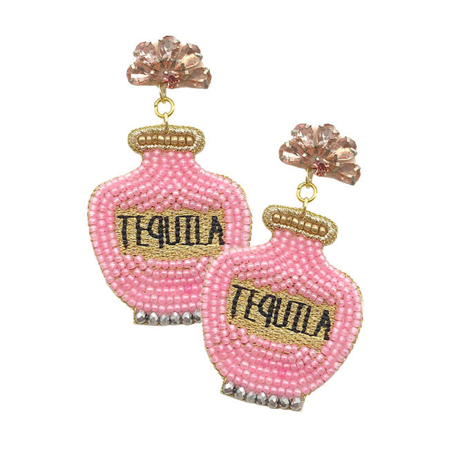 Pink Felt Back Seed Beaded Tequila Dangle Earrings. These fashionable trendy tequila bottle earrings are suitable for every girl! Beautifully crafted earrings that dangle on your earlobes with a perfect glow to make you stand out and show your unique and beautiful look everywhere, every time. Put on a pop of color to complete your ensemble in a gorgeous way.