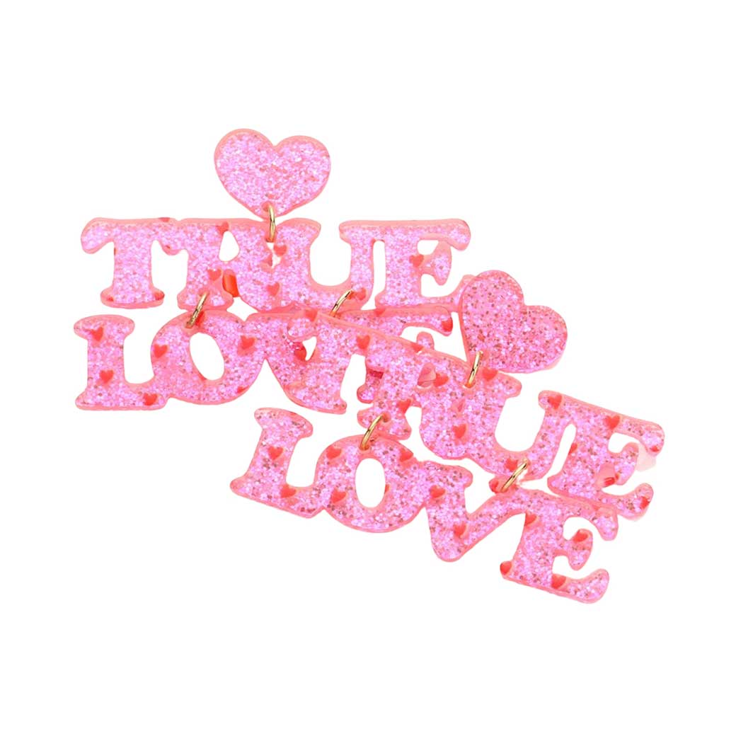Pink Glittered Heart TRUE LOVE Message Link Dangle Earrings, take your love for statement accessorizing to a new level of affection with these heart TRUE LOVE Message dangle earrings. Accent all of your dresses with the extra fun vibrant color with these heart-dangle earrings. Wear these gorgeous earrings to make you stand out from the crowd & show your trendy choice this valentine's.