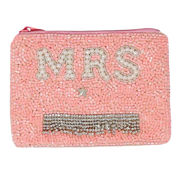 Pink MRS Seed Beaded Coin Purse, this coin purse can match your carnival costume or dress and make you immersed in the carnival or festival giving off a strong festive atmosphere! Be the ultimate fashionista while carrying this trendy seed-beaded coin purse! Great to carry something small or drop it in your bag. Perfect for carrying makeup, money, credit cards, keys or coins, & many more things.