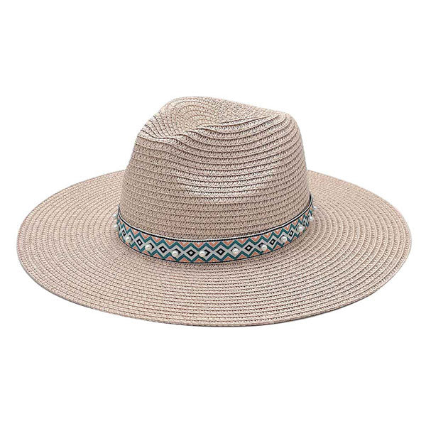 Pink Pearl Embellished Aztec Band Panama Sun Hat. Keep your styles on even when you are relaxing at the pool or playing at the beach. Large, comfortable, and perfect for keeping the sun off of your face, neck, and shoulders Perfect summer, beach accessory. Ideal for travellers who are on vacation or just spending some time in the great outdoors.