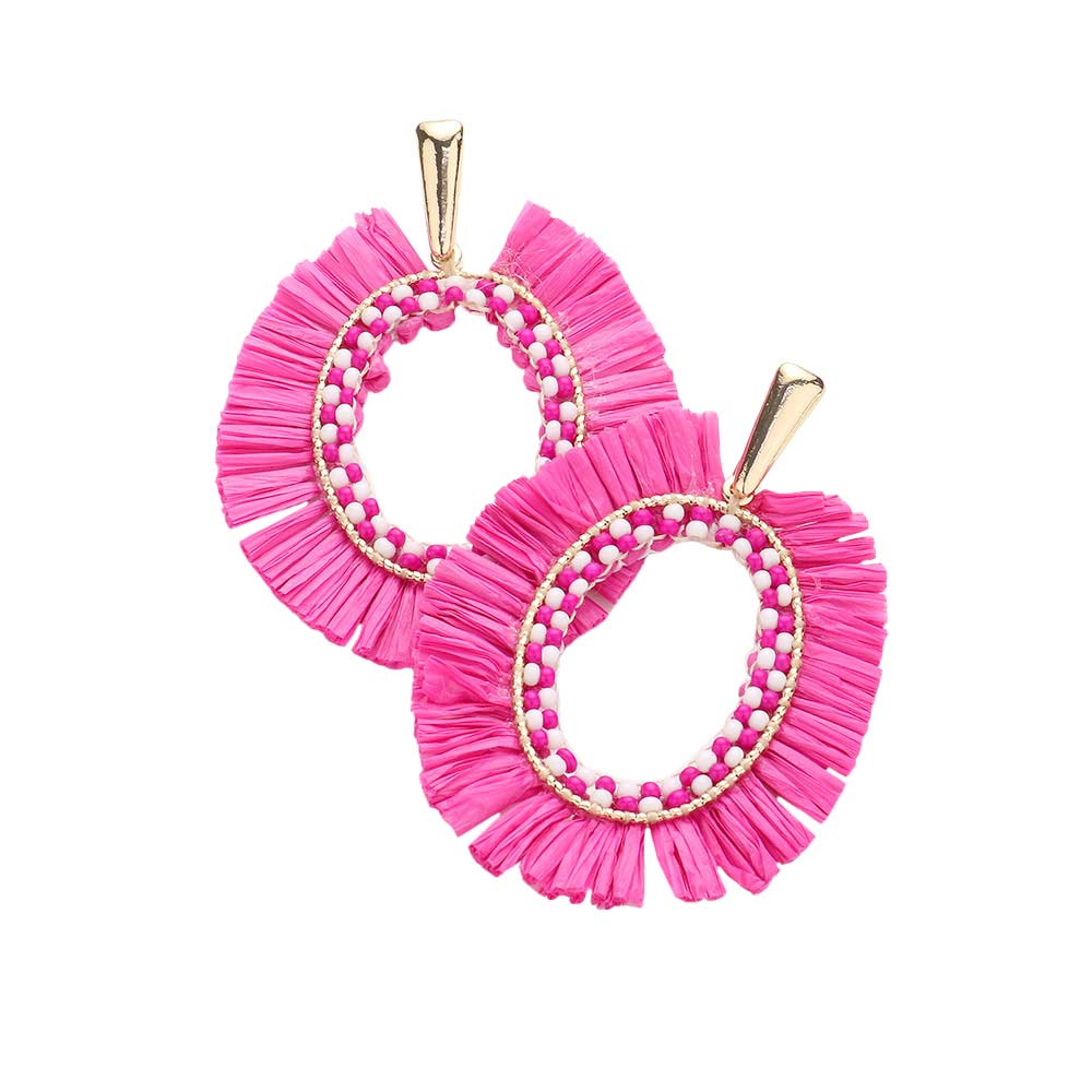 Pink Raffia Trimmed Open Oval Dangle Earrings, enhance your attire with these beautiful open oval dangle earrings to show off your fun trendsetting style. Can be worn with any daily wear such as shirts, dresses, T-shirts, etc. These raffia dangle earrings will garner compliments all day long. Whether day or night, on vacation, or on a date, whether you're wearing a dress or a coat, these earrings will make you look more glamorous and beautiful.