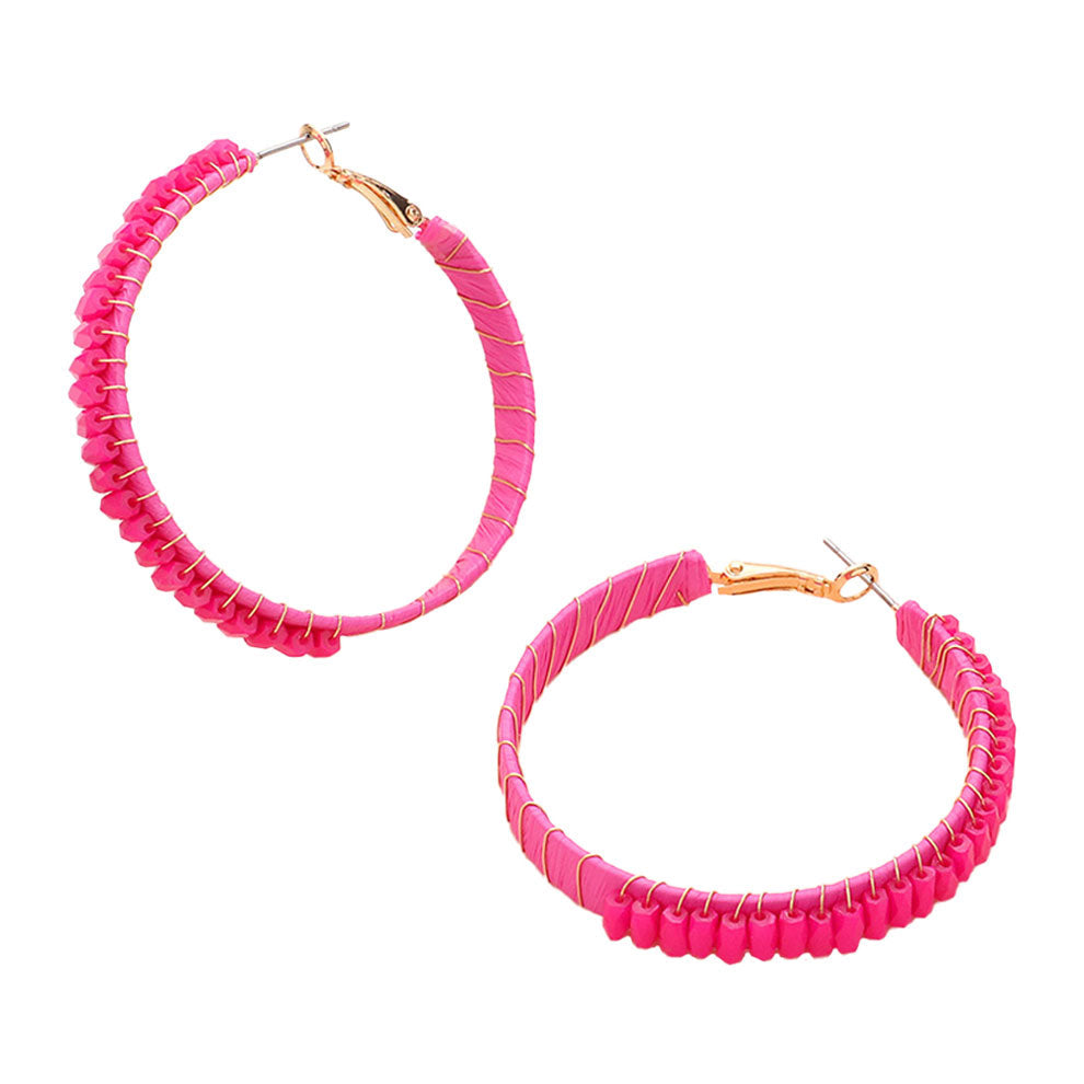 Pink Rectangle Bead Trimmed Raffia Wrapped Hoop Earrings, enhance your attire with these beautiful raffia-wrapped hoop earrings to show off your fun trendsetting style. It can be worn with any daily wear such as shirts, dresses, T-shirts, etc. These hoop earrings will garner compliments all day long. Whether day or night, on vacation, or on a date, whether you're wearing a dress or a coat, these earrings will make you look more glamorous and beautiful.