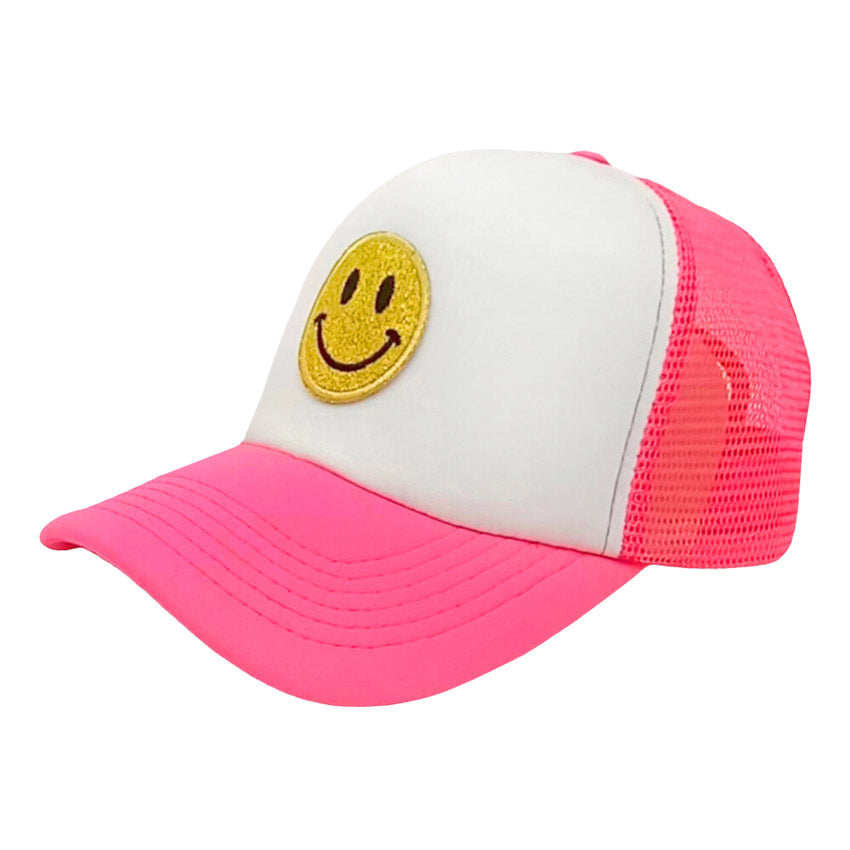 Pink Smile Accented Mesh Back Baseball Cap, features an embroidered smile face patch on the front, bringing a smile to everyone you pass by and showing your kindness to others. These are Perfect Birthday gifts, Anniversary gifts, Mother's Day gifts, Graduation gifts, Valentine's Day gifts, or any occasion.