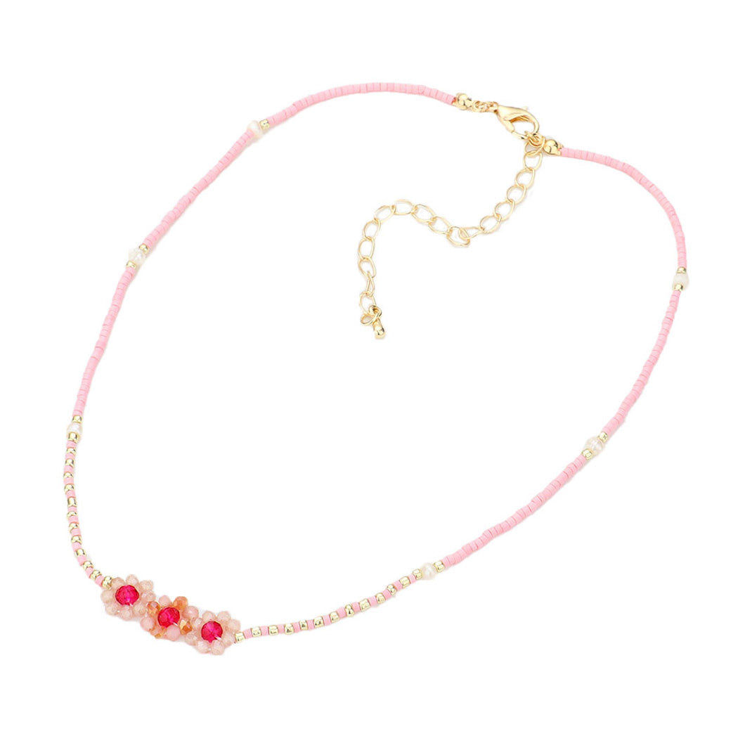 Pink Triple Flower Accented Freshwater Pearl Station Necklace, Get ready with these Pearl Necklace, put on a pop of color to complete your ensemble. Perfect for adding just the right amount of shimmer & shine and a touch of class to special events. Perfect Birthday Gift, Anniversary Gift, Valentine's Day Gift.