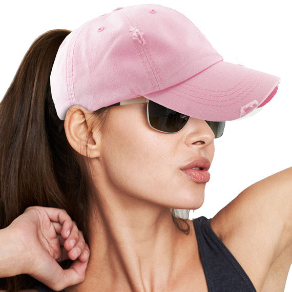 Pink Distressed Baseball Cap, Pink Vintage Ponytail Baseball Cap, comfy vintage cap great for a bad hair day, pull your bun or ponytail thru the back opening, great for keeping your hair away from face while exercising, running, playing sports or just taking a walk. Perfect Birthday Gift, Mother's Day Gift, Anniversary Gift, Thank you Gift, Graduation