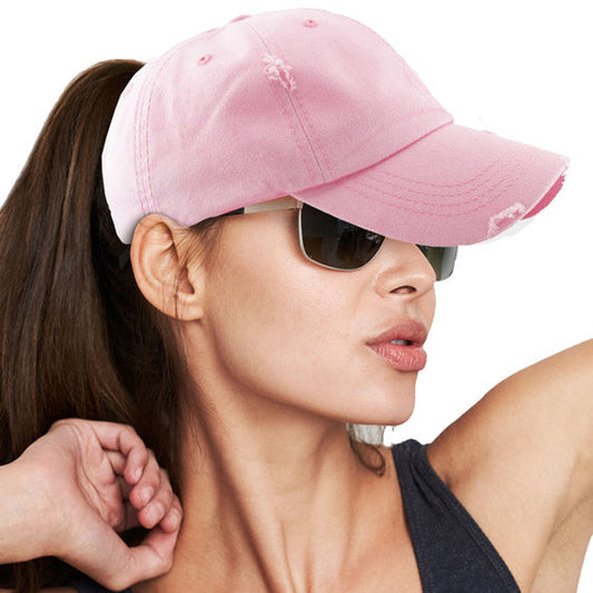 Pink Distressed Baseball Cap, Pink Vintage Ponytail Baseball Cap, comfy vintage cap great for a bad hair day, pull your bun or ponytail thru the back opening, great for keeping your hair away from face while exercising, running, playing sports or just taking a walk. Perfect Birthday Gift, Mother's Day Gift, Anniversary Gift, Thank you Gift, Graduation