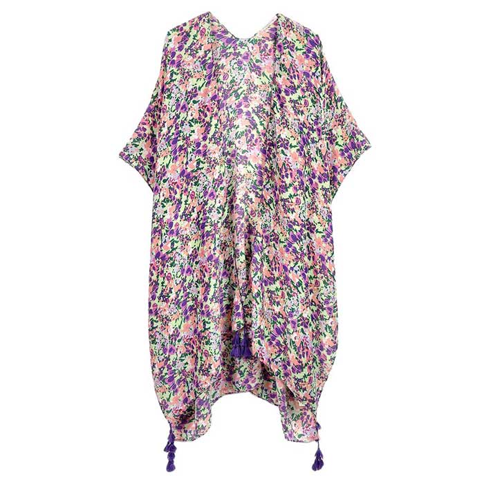 Purple Flower Patterned Cover Up Kimono Poncho. Lightweight and soft brushed fabric exterior fabric that make you feel more comfortable. Great for dating, hanging out, daily wear, vacation, travel, shopping, holiday attire, office, work, outwear, fall, spring or early winter. Perfect Gift for Wife, Mom, Birthday, Holiday, Anniversary, Fun Night Out.