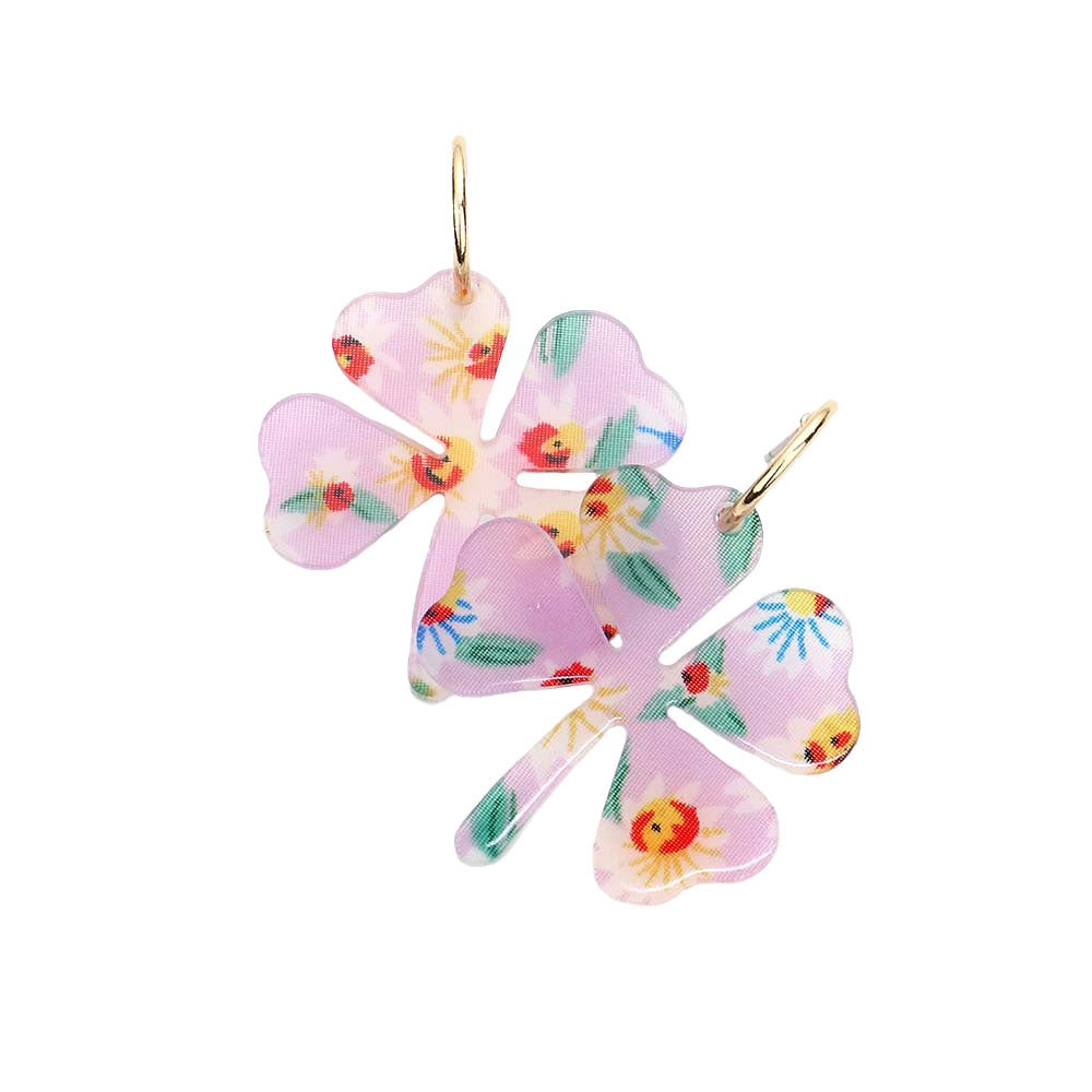 Purple Flower Patterned Resin Clover Dangle Earrings. Look like the ultimate fashionista with these Earrings! Add something special to your outfit! It will be your new favorite accessory. Perfect Birthday Gift, Mother's Day Gift, Anniversary Gift, Graduation Gift, Prom Jewelry, Just Because Gift, Thank you Gift.
