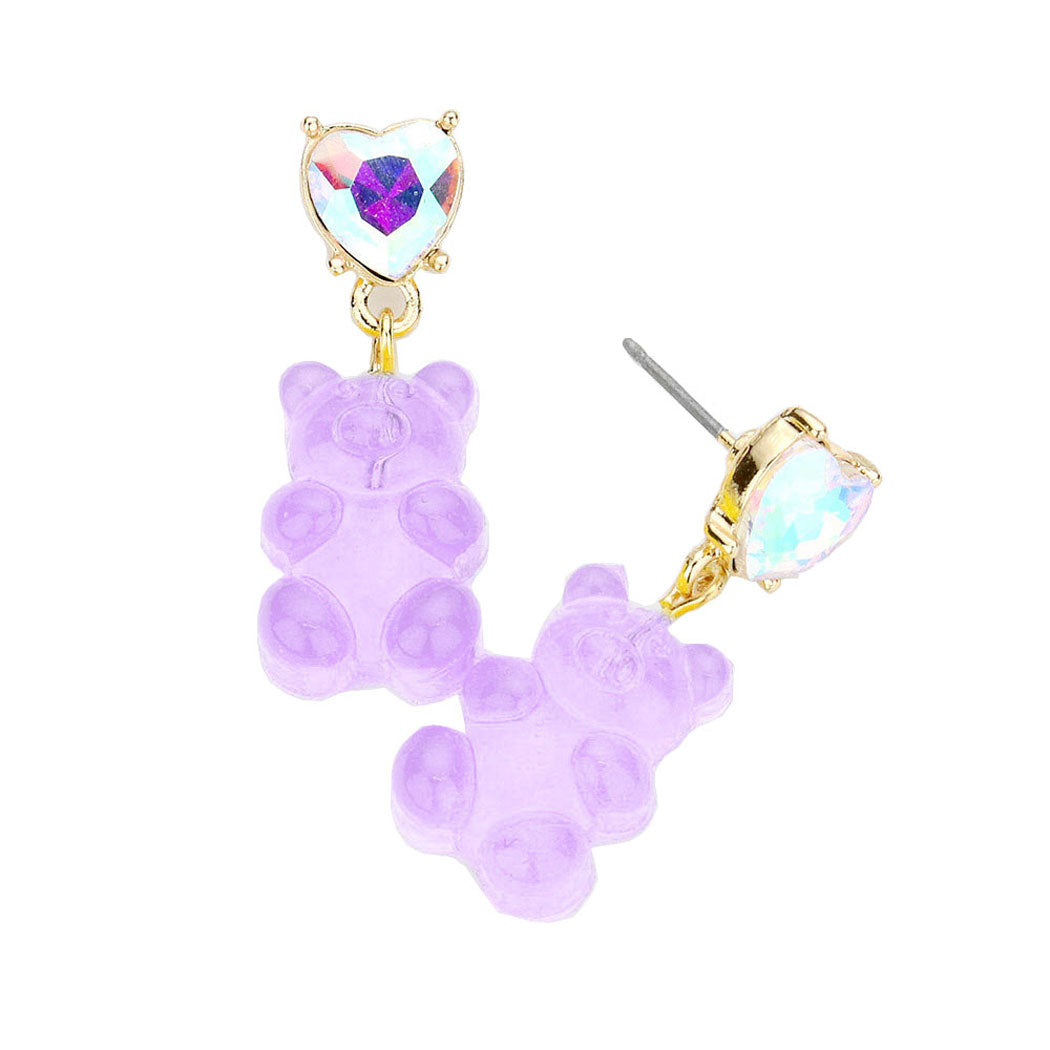 Purple Heart Stone Gummy Bear Dangle Earrings. Jewelry that fits your lifestyle! Perfect Birthday Gift, Anniversary Gift, Mother's Day Gift, Anniversary Gift, Graduation Gift, Prom Jewelry, Just Because Gift, Thank you Gift.