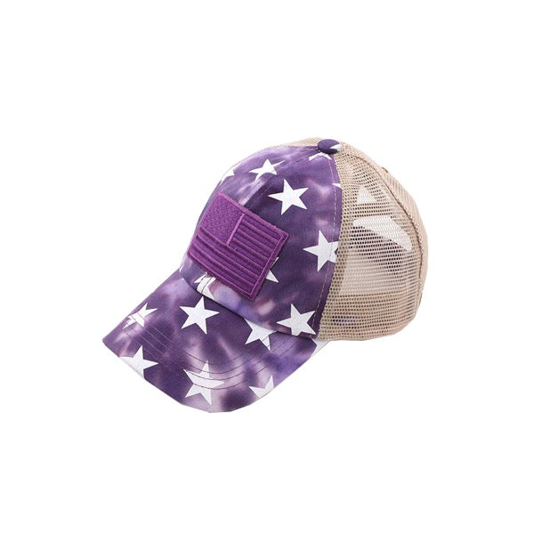 Purple Kids Tie Dye Star Flag Ponycap, comfy kids' cap great for a bad hair day, pull your bun or ponytail thru the back opening, great for keeping your hair away from face while exercising, running, playing sports or just taking a walk. Perfect Birthday Gift, Mother's Day Gift, Anniversary Gift, Thank you Gift, Graduation