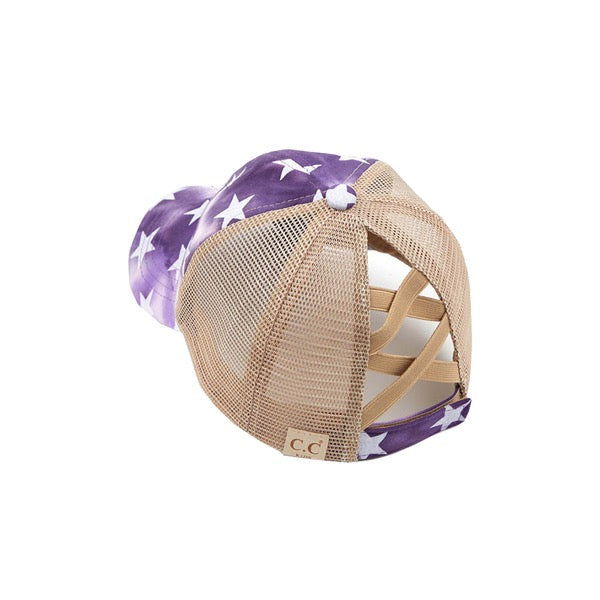 Purple Kids Tie Dye Star Flag Ponycap, comfy kids' cap great for a bad hair day, pull your bun or ponytail thru the back opening, great for keeping your hair away from face while exercising, running, playing sports or just taking a walk. Perfect Birthday Gift, Mother's Day Gift, Anniversary Gift, Thank you Gift, Graduation