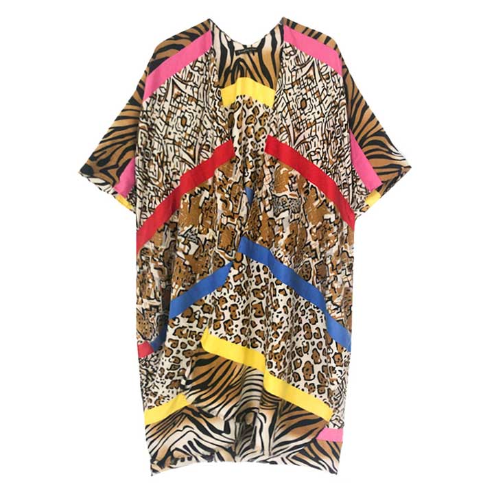 Purple Multi Animal Printed Cover Up Kimono Poncho, The lightweight Kimono poncho top is made of soft and breathable Acrylic material. short sleeve swimsuit cover up with open front design, simple basic style, easy to put on and down. Perfect Gift for Wife, Mom, Birthday, Holiday, Anniversary, Fun Night Out.