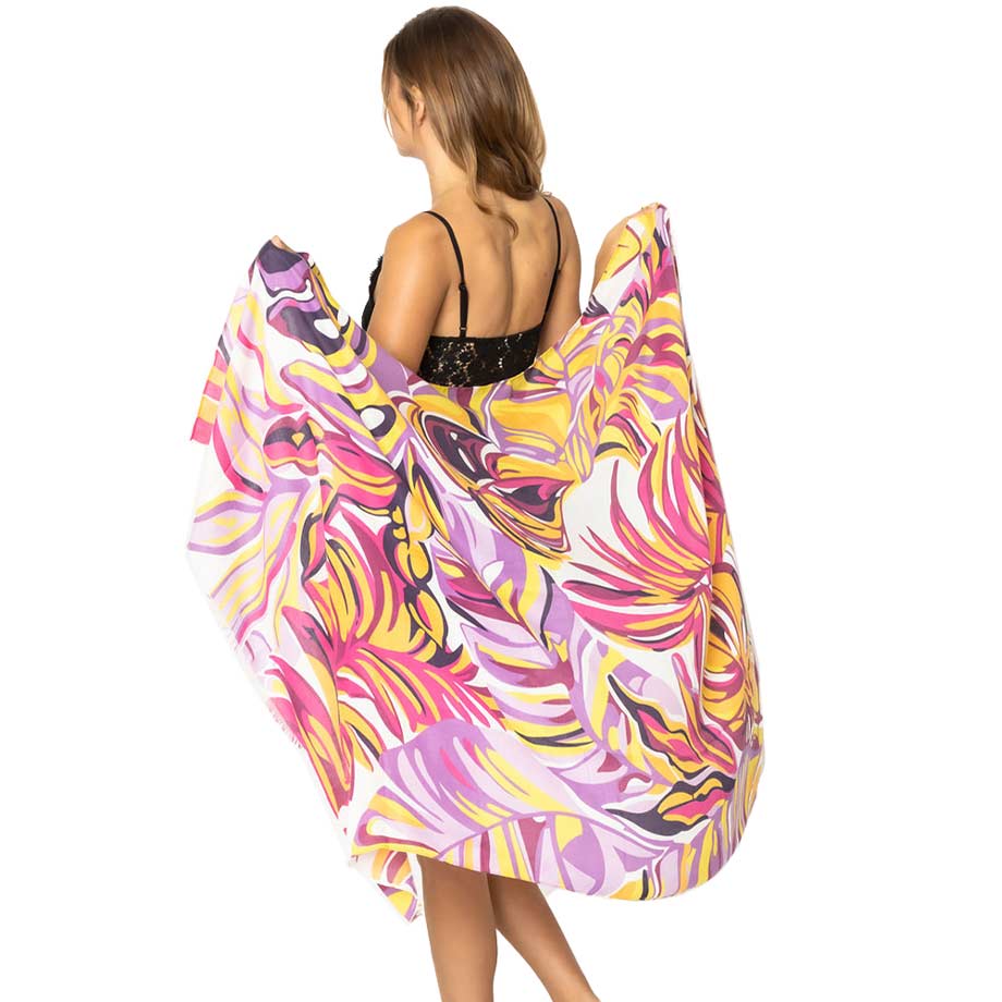 Purple Tropical Leaf Printed Oblong Scarf, This lightweight oblong scarf in soothing colors features a traditional Leaf design. The beautifully crafted design adds a gorgeous glow to any outfit. Suitable for holidays, Casual, or any Occasions in Spring, Summer, and Autumn. There is a perfect gift for any occasion.