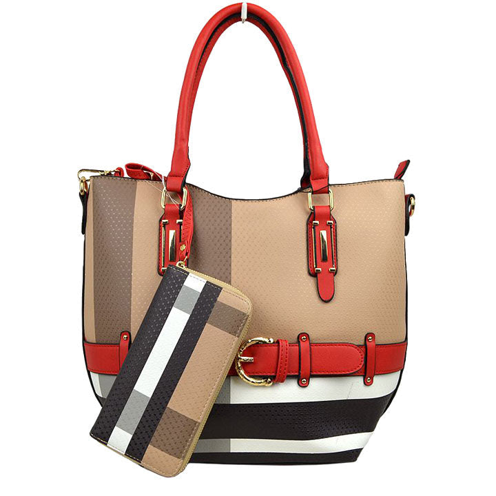 Red 2 In 1 Faux Leather Malibu Sky Satchel Bag with Bonus Wallet. Every outfit needs to be planned with this adorable tote handbag. Features a top zippered for security, Complete with a matching Wallet to store cards and cash, this spacious tote carries a wide variety of essentials without overcrowding, Flat base features metal feet to protect your bag while standing with an adjustable strap attached for effortless hands-free comfort.