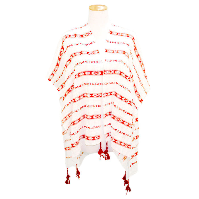 Red Aztec Pattern Tassel Poncho, These Ponchos feature an Aztec pattern with a tassel design easy to pair with so many tops. Lightweight and Breathable Fabric, sophisticated, flattering, and Comfortable to Wear. The fashionable and stylish Aztec pattern design is great for year-round wear on any occasion from casual to formal. Look perfectly breezy and laid-back as you head to the beach.