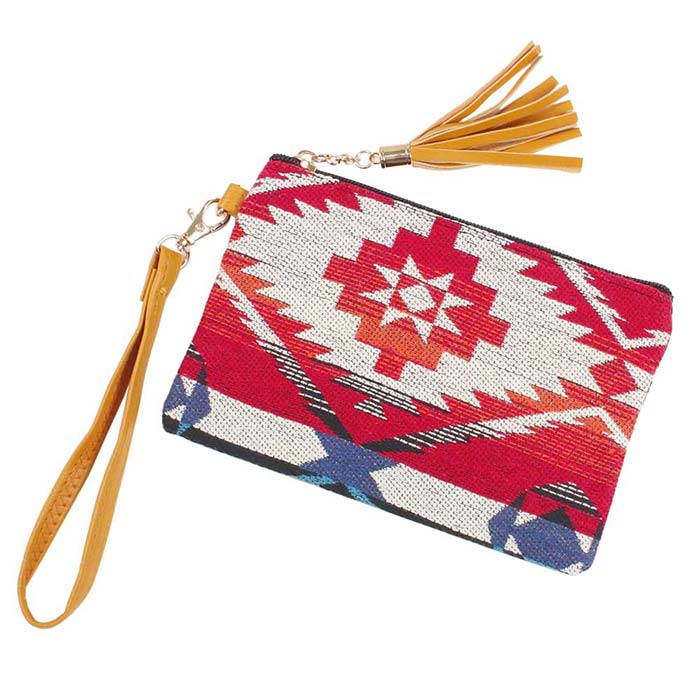 Red Aztec Patterned Woven Wristlet Pouch Bag, you will look like the ultimate fashionista when carrying this Aztec patterned woven wristlet pouch bag. Perfect for carrying makeup, money, credit cards, keys or coins, etc. It's perfectly lightweight and simple, yet beautiful. It will be your new favorite accessory to hold onto all your necessary items. Easy to carry especially when you need hands-free and lightweight to run errands or a night out on the town. An excellent gift item for your favorite person.