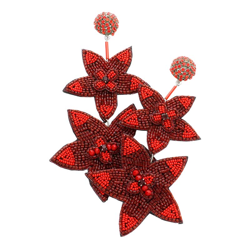 Red Beaded Double Flower Link Dangle Earrings, Beaded Detailed Floral Link Statement Dangle Earrings, jewelry that fits your lifestyle, adding a pop of pretty color. Enhance your attire with this vibrant handcrafted beautiful modish floral statement jewelry! Adds a touch of nature-inspired beauty to your look. It will be your new favorite accessory. Wear this earring to a wedding, an engagement, a bridesmaid, a prom, or any other occasion where you wish to appear more charming.