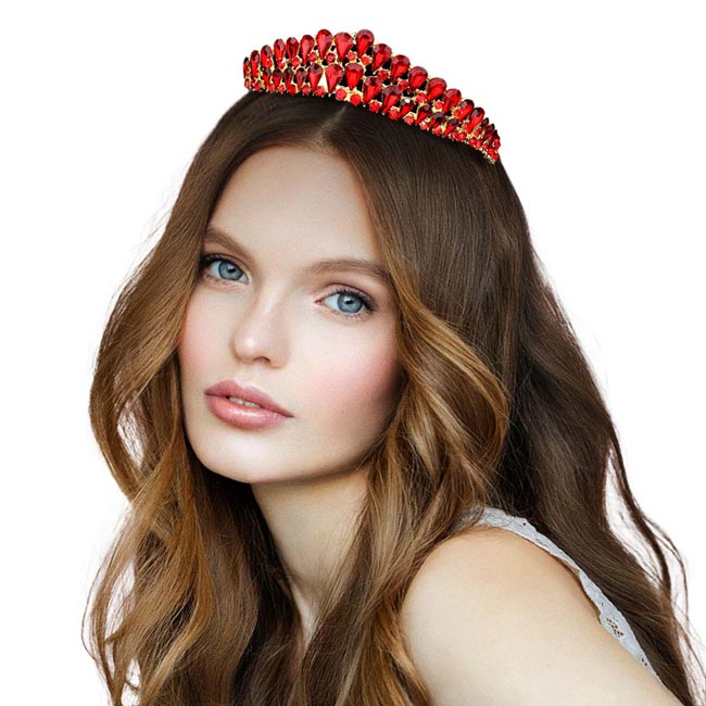 Red Crystal Teardrop Cluster Pageant Queen Tiara, Perfect for adding just the right amount of shimmer & shine, will add a touch of class, beauty and style to your hair sparkling all day & all night long.