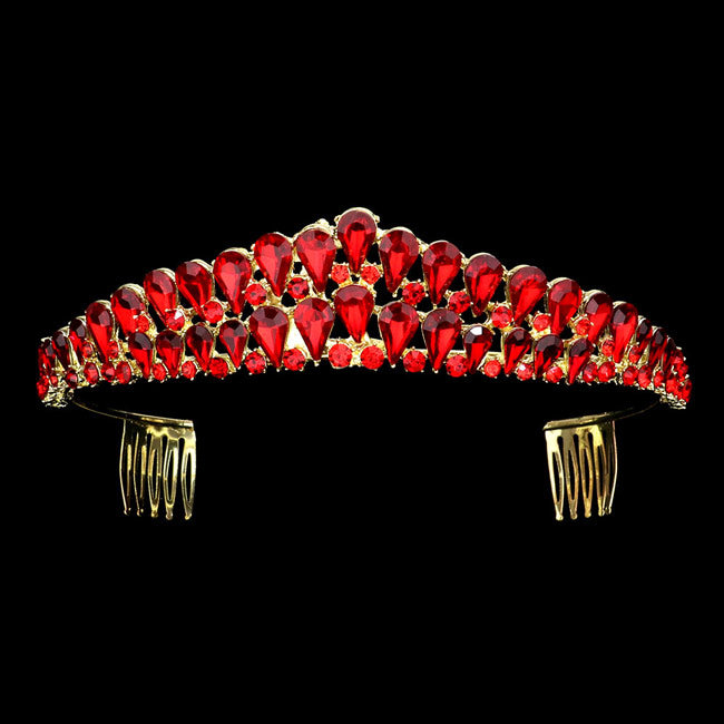 Red Crystal Teardrop Cluster Pageant Queen Tiara, Perfect for adding just the right amount of shimmer & shine, will add a touch of class, beauty and style to your hair sparkling all day & all night long.
