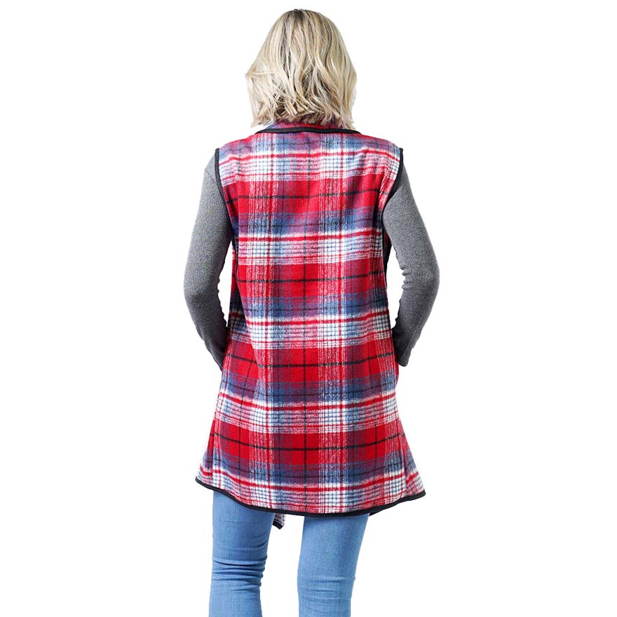 Red Fashionable Plaid Check Vest With Pocket, the perfect accessory for boosting up your gorgeousness and confidence with comfort. It's a luxurious, trendy, super soft chic capelet that keeps you smarter, warm, and toasty. You can throw it on over so many pieces elevating any casual outfit! Perfect Gift for Wife, Mom, Birthday, Holiday, Christmas, Anniversary, Fun Night Out. Wherever you go, show your confidence with this fashionable vest.