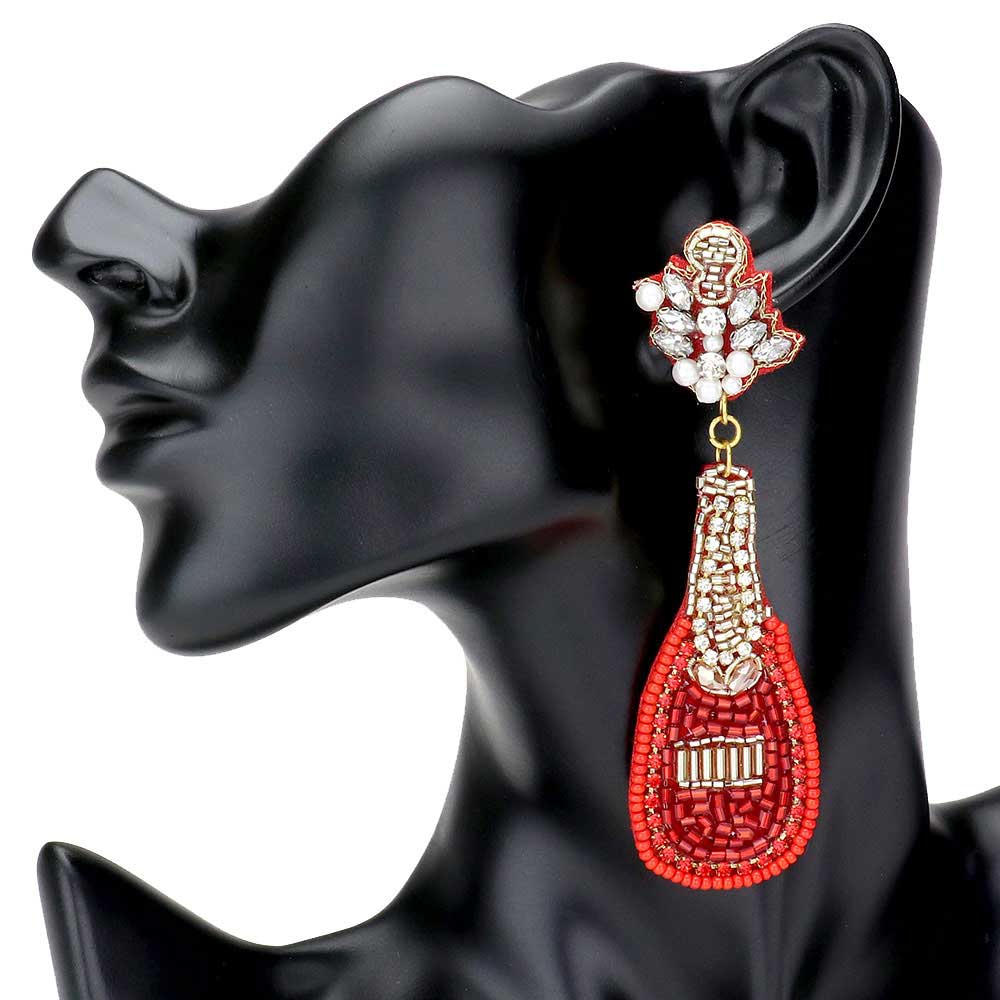Red Felt Back Multi Beaded Champagne Dangle Earrings, Multi beaded Champagne earrings, jewelry that fits your lifestyle, adding a pop of pretty color. Enhance your attire with this festive handcrafted seed bead earrings, statement jewelry. Great gift idea for Wife, Mom, or your Loving One. Perfect Birthday Gift, Anniversary Gift, Just Because Gift, Thank you Gift.