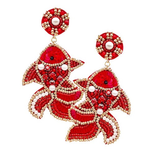 Red Felt Back Multicolor Beaded Fish Statement Sea Creature Dangle Earrings, jewelry that fits your lifestyle, adding pop of color. Enhance your attire with the vibrant handcrafted beautiful modish statement jewelry! Perfect Birthday Gift, Anniversary, Christmas Present, Vacation Attire, Just Because Gift, Funky Jewelry