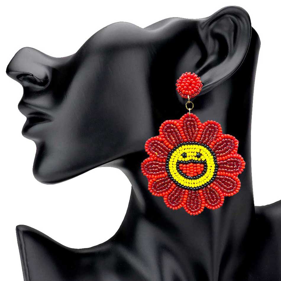 Red Felt Back Seed Beaded Smile Flower Dangle Earrings, Beaded Flower Smiley Face Earrings fun handcrafted jewelry that fits your lifestyle, adding a pop of pretty color. Enhance your attire with these vibrant artisanal earrings to show off your fun trendsetting style. Coordinate these earrings with any ensemble from business casual to everyday wear, ideal for parties, events, holidays.