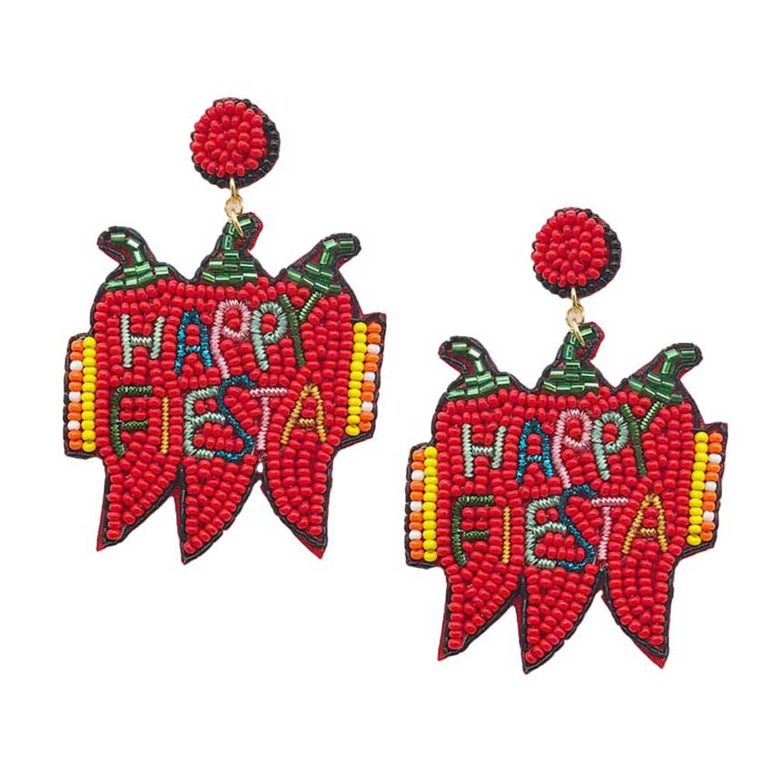Red HAPPY FIESTA Message Felt Back Beaded Chili Dangle Earrings. Are you ready for a fiesta? These eye-catching earrings put people into a fiesta state of mind. With fun beads and a colorful, Chili fiesta charm, these earrings will get attention and are sure to make people smile and think of celebrating. Surprise your loved ones on this Cinco de Mayo gatherings, Mardi Gras celebrations and more.