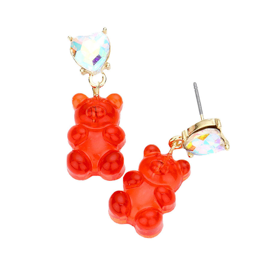 Red Heart Stone Gummy Bear Dangle Earrings. Jewelry that fits your lifestyle! Perfect Birthday Gift, Anniversary Gift, Mother's Day Gift, Anniversary Gift, Graduation Gift, Prom Jewelry, Just Because Gift, Thank you Gift.
