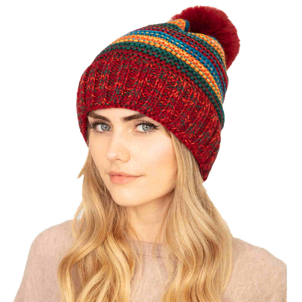 Red Multi Colored Striped Fleece Pom Pom Beanie Hat Warm Fleece Pom Pom Hat, reach for this classic toasty hat to keep you incredibly warm in the chilly winter weather, the wintry touch finish to your outfit. Perfect Gift Birthday, Christmas, Holiday, Anniversary, Stocking Stuffer, Secret Santa, Valentine's Day, Loved One.