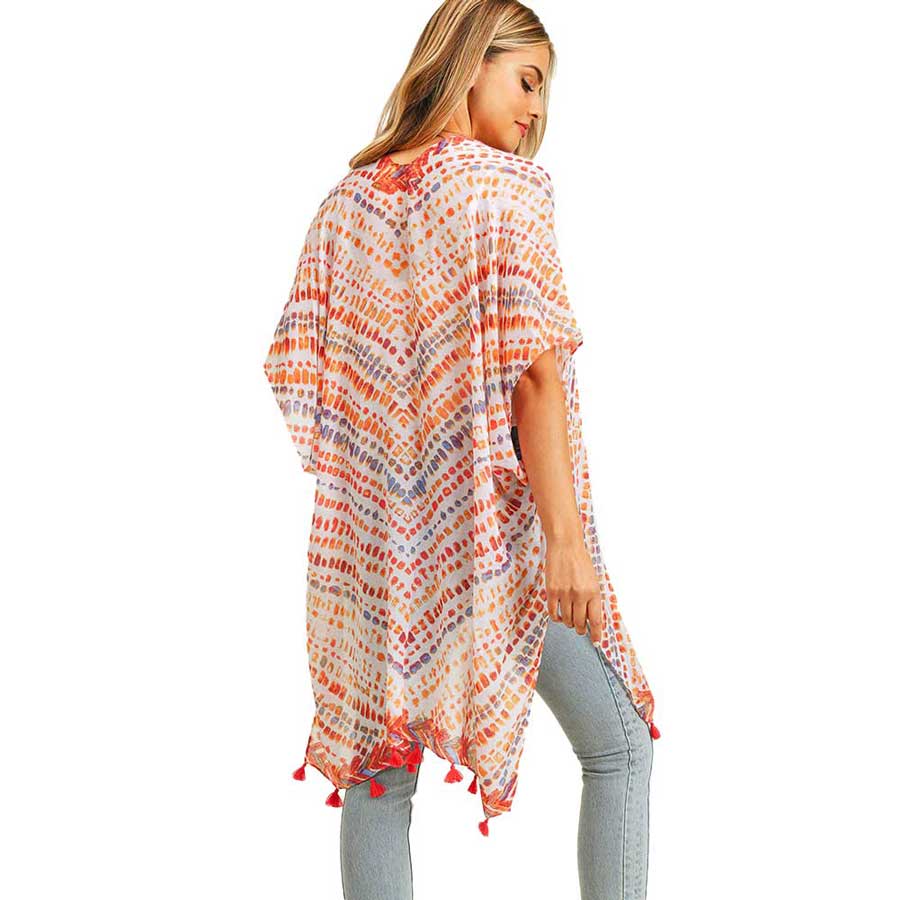 Red Multi Dash Pattern Tassel Cover Up Kimono Poncho, This timeless Kimono Poncho is Soft, Lightweight and Breathable Fabric, Comfortable to Wear. Sophisticated, flattering and cozy, this Poncho drapes beautifully for a relaxed, pulled-together look. Suitable for Weekend, Work, Holiday, Beach, Party, Club, Night, Evening, Date, Casual and Other Occasions in Spring, Summer and Autumn.