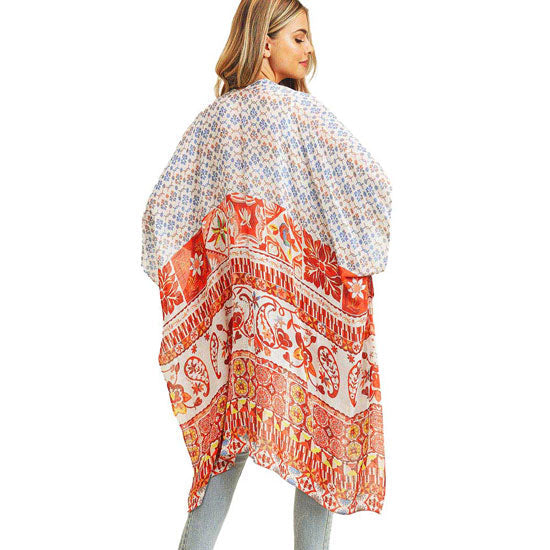 Red Multi Patterned Cover Up Kimono Poncho. Lightweight and soft brushed fabric exterior fabric that make you feel more warm and comfortable. Great for hanging out, daily wear, vacation, travel, shopping, holiday attire, office, work, fall, spring, winter. Perfect Gift for Wife, Mom, Birthday, Holiday, Anniversary,