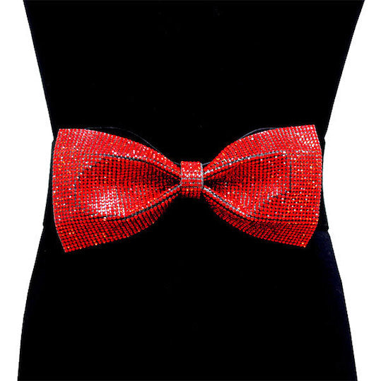 Red Rhinestone Pave Crystal Embellished Bow Detail Elastic Stretch Belt, luminous crystals adds a luxurious shine to this eye-catching rhinestone belt, dare to dazzle with this radiant accessory, coordinates with any ensemble, ideal for Bride, Wedding, Prom, Sweet 16, Quinceanera, Graduation, Party, Cocktail. Perfect Gift.