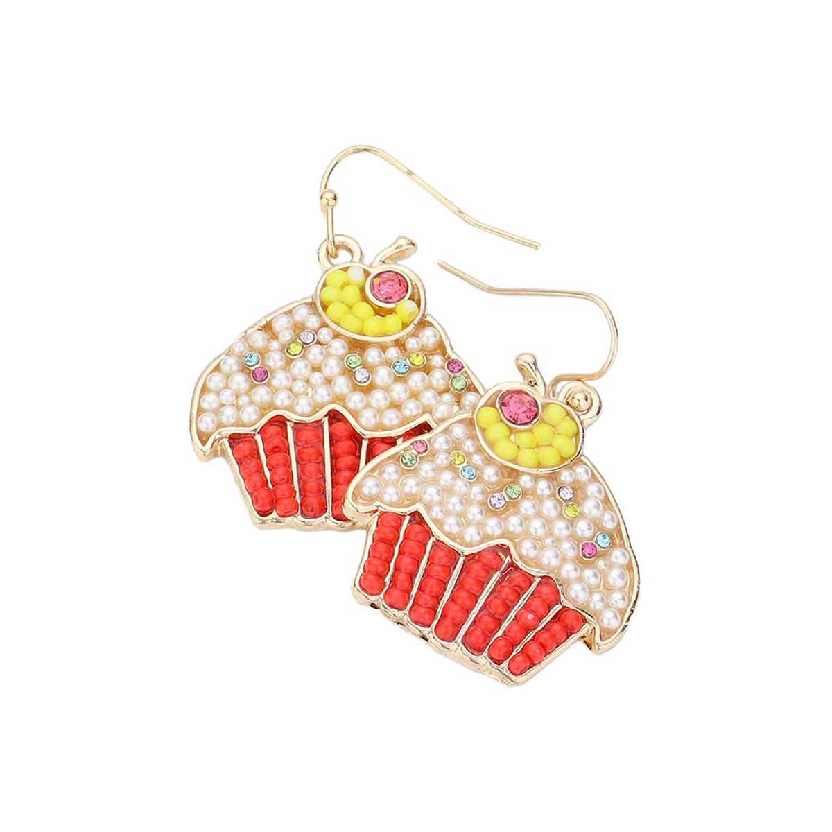 Red Pearl Seed Beaded Cupcake Dangle Earrings, Pearl Seed Beaded earrings fun handcrafted jewelry that fits your lifestyle, adding a pop of pretty color. Enhance your attire with these vibrant artisanal earrings to show off your fun trendsetting style. Great gift idea for Wife, Mom, or your Loving One.