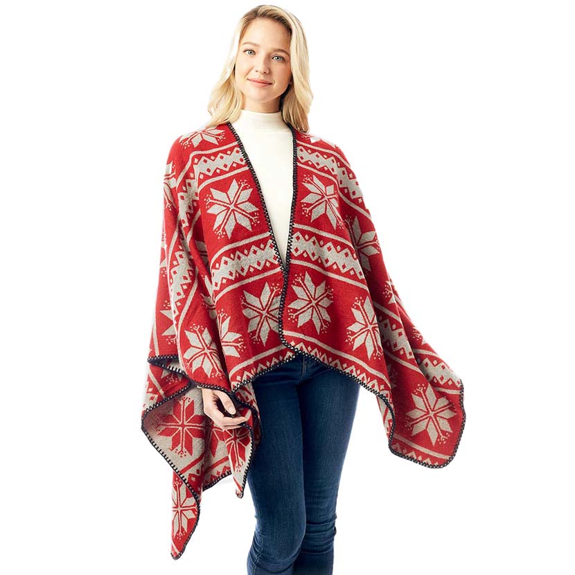 Red Reversible Snowflake Pattern Ruana, enrich your beauty with confidence with this nicely knitted poncho. You can stand out with the contrast of different outfits. Snowflake patterned with beautiful design gives a unique decorative and attractive modern look that makes your day with memorable moments. Match perfectly with jeans and T-shirts or a vest. Absolutely a stylish eye-catcher and will become one of your favorite accessories quickly.