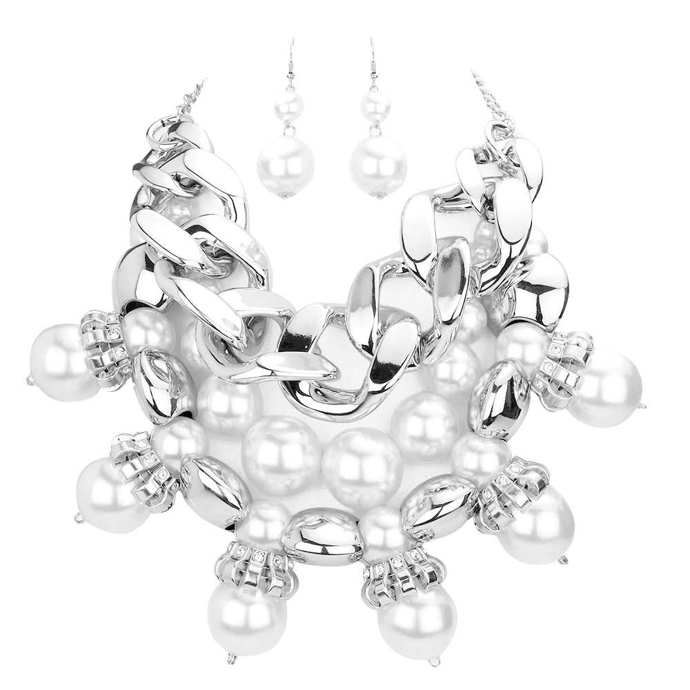 Rhodium Chunky Chain Pearl Bib Necklace. Delicately polished necklace will enhance your look, versatile enough for wearing straight through the week, these flower themed necklace perfectly lightweight for all-day wear, coordinate with any ensemble from business casual to everyday wear, the perfect addition to every outfit. Adds a touch of beautiful inspired beauty to your look.