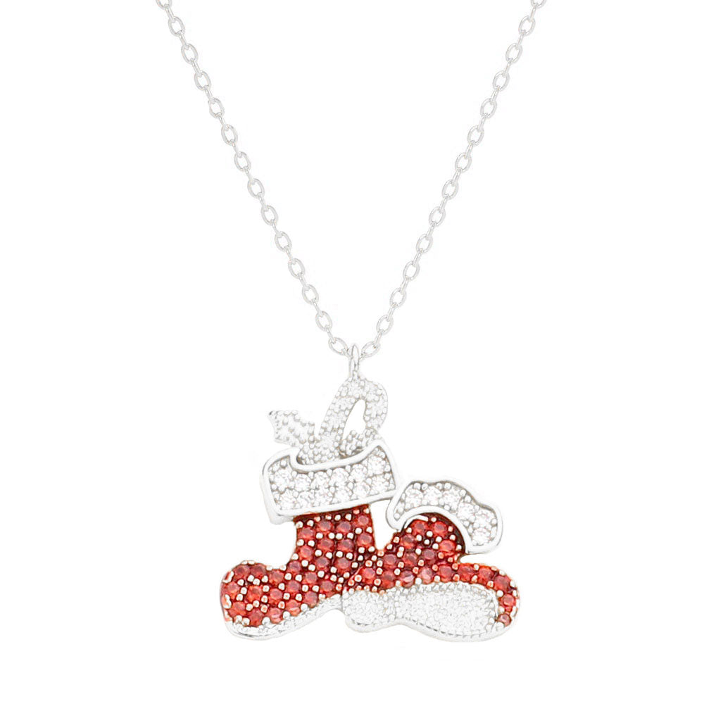 Rhodium Gold Dipped CZ Christmas Socks Pendant Necklace, Get ready with these Pendant Necklace, put on a pop of color to complete your ensemble. Perfect for adding just the right amount of shimmer & shine and a touch of class to special events. Perfect Birthday Gift, Anniversary Gift, Mother's Day Gift, Graduation Gift.