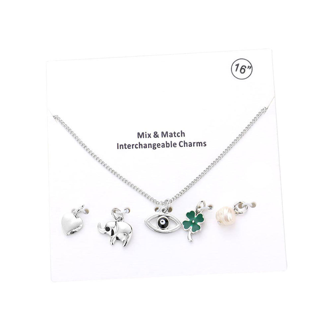 Rhodium Heart Elephant Evil Eye Clover Freshwater Pearl Interchangeable Pendant Necklace, Get ready with these Clover Freshwater Pearl Interchangeable Pendant Necklace, put on a pop of color to complete your ensemble. Perfect for adding just the right amount of shimmer & shine and a touch of class to special events. Perfect Birthday Gift, Anniversary Gift, Mother's Day Gift, Graduation Gift.