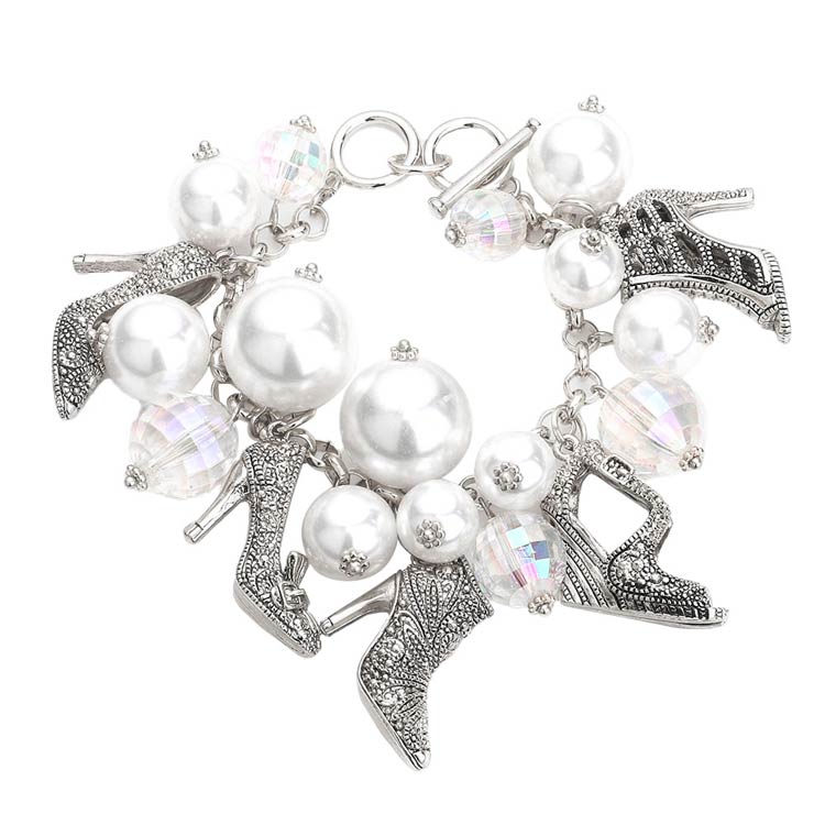 Rhodium Metal Stiletto Heel Charm Station Pearl Cluster Toggle Bracelet, get ready to make a glowing beauty and receive compliments with this Charm Station Bracelet. Put on a pop of color to complete your ensemble. The unique design of metal stiletto heel adds a gorgeous glow to any outfit. Perfect for adding just the right amount of shimmer & shine and a touch of class to special events. Perfect gift for a Birthday, Anniversary, Mother's Day, Thanksgiving Day and also daily wear.